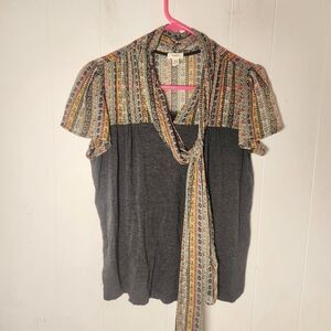 Anthropologie Tiny Gray Base Semi-Sheer Print Sleeve Blouse Size XS